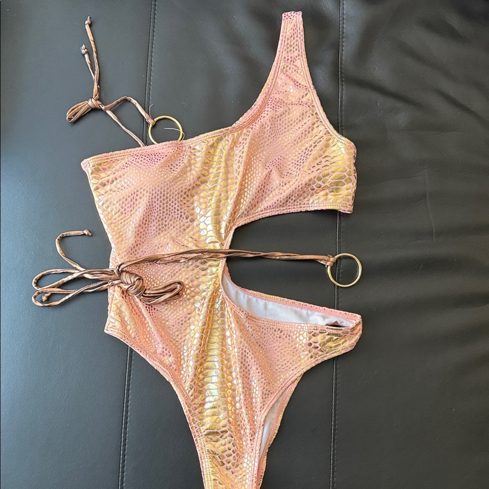 SHEIN Pink and Gold One-Shoulder Swimsuit